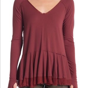 Tangerine Long Sleeve Ruffled Top Wine Maroon L